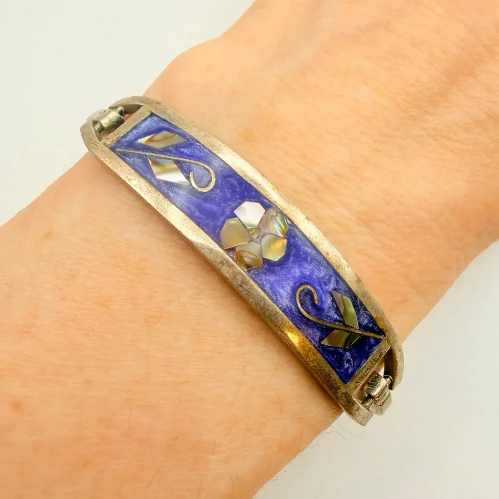 Vintage Taxco Mexico Mother of Pearl Floral Purple Enamel Alpaca Silver Bangle